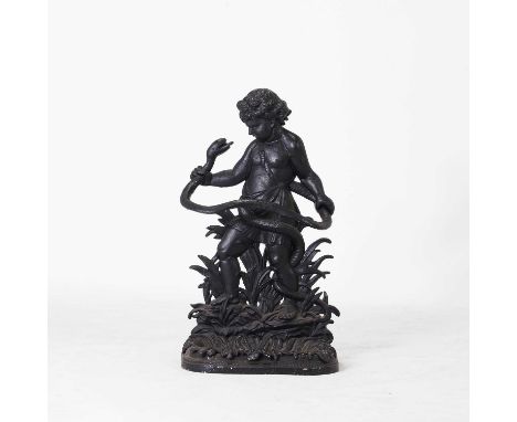 A painted cast iron stick stand, in the manner of Coalbrookdale, modelled as the infant Hercules and a serpent, with a loose 