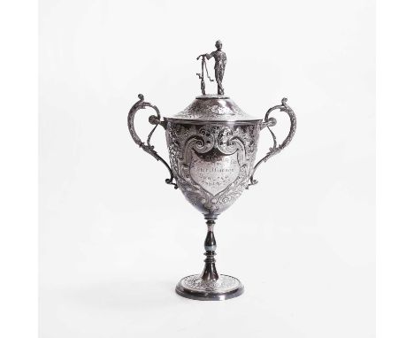 A silver-plated cycling trophy for the 'Drogheda Committee Cup', won by Peter J Cannon, 20 August 1899, with cyclist finial,2