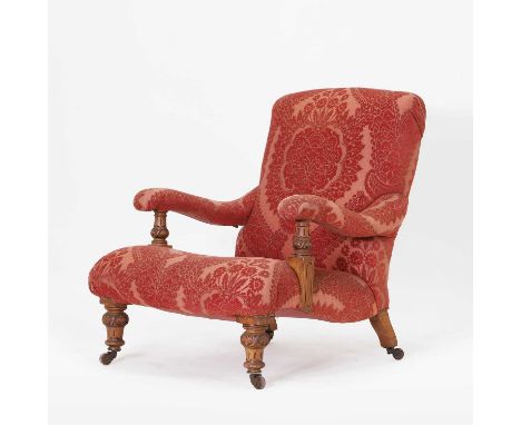 A Victorian armchair, upholstered in red damask, on carved and turned oak supports, 70cm wide81cm deep90cm highCondition Repo