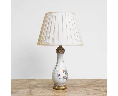 A famille rose table lamp, 20th century, Chinese, with enamelled decoration and brass mounts, converted to electricity, 70cm 