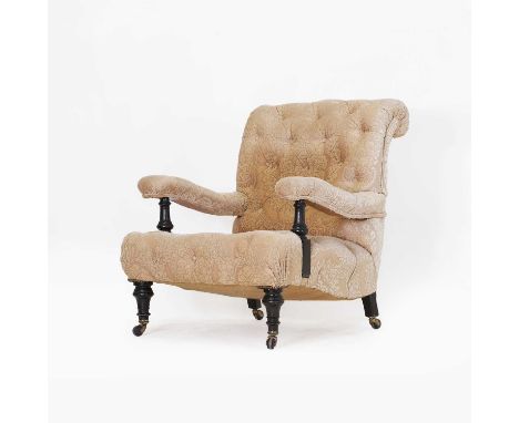 A Victorian armchair, the ebonised show wood frame with turned front legs and later buttoned upholstery, 72cm wide88cm deep85