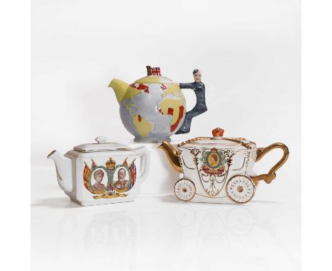 Three pottery teapots and covers, comprising:an 'Empire Ware, England' British patriotic teapot, 20th century, 17cm high, a T