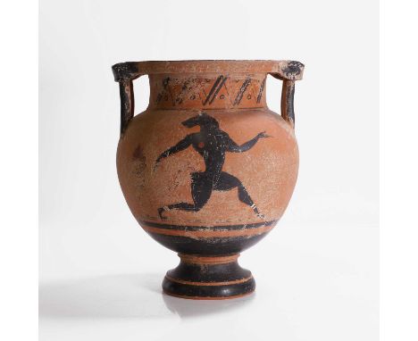 An Attic-style pottery black-figure column-krater, 19th century, Italian, decorated with figures to a lined and cross-hatched