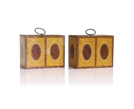 A pair of biscuit tins by William Crawford and Sons Ltd., c.1938, each in the form of a Georgian tea caddy, with faux satinwo