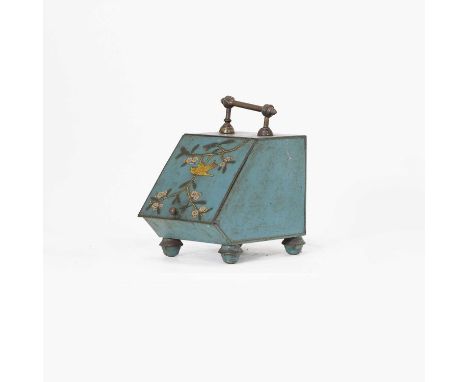 An Aesthetic period painted coal box, with brass mounts and decorated with birds amongst blossom on a blue ground,26cm wide37