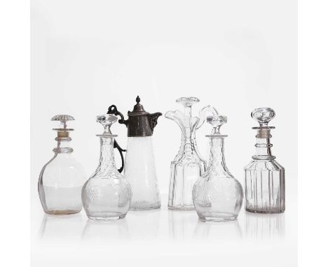 A collection of glass tableware, early 19th century and later, comprising:a claret jug, the silver-plated mount over a taperi