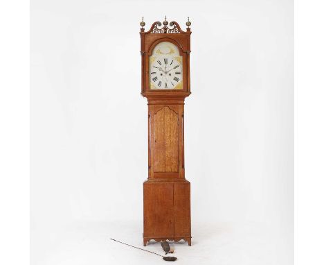 An oak longcase clock, early 19th century, the painted arched dial with subsidiary seconds and date dials, the hood with fret