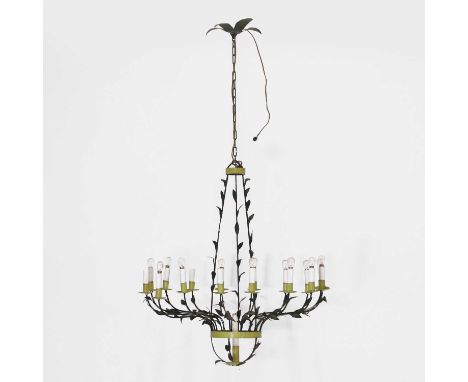 A green-painted sixteen-light chandelier,  20th century, French, decorated with trailing leaves,  80cm diameter 138cm high  C