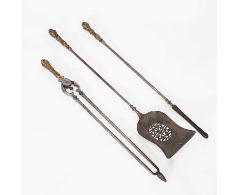 A set of three brass and steel fire irons, 19th century, comprising a shovel, tongs and poker, each with a brass handle and p