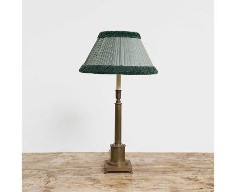 A brass telescopic table lamp, on a square base, together with a pleated shade, 66cm high minimum83cm high maximumCondition R