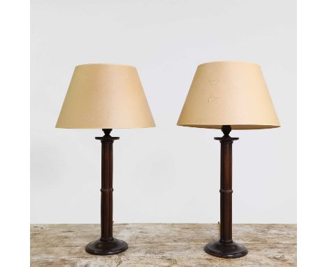 A pair of mahogany table lamps, each with a tapered card shade,76cm high overall (2)Condition ReportGoodPAT test - Passed