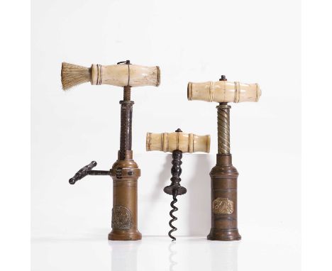 A collection of three corkscrews, comprising:a rack-and-pinion corkscrew by Heeley &amp; Sons with turned bone handle and bru
