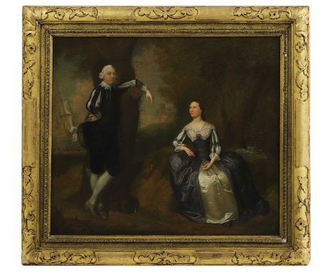 Circle of Arthur Devis (1712-1787) Portrait of Sir Peter and Lady Dennis, full-length, in a wooded landscape, a sleeping pug 