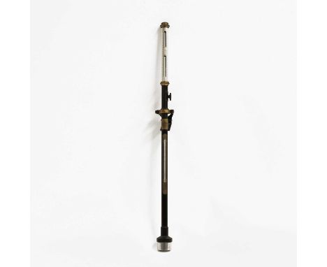 A military-grade marine barometer with gimbal mount, unmarked, finished in black with brass mounts, silvered register, model 