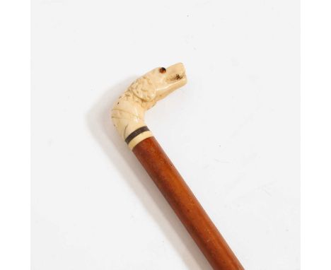 A walking stick,  the ivory handle modelled as a dog's head with glass eyes, with an inset hardwood collar, on a turned wood 