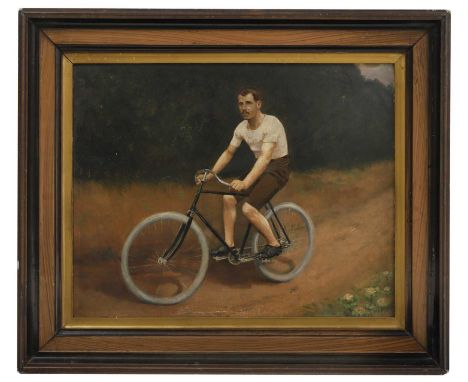 English School, early 20th century Man riding a bicycleoil on board47 x 59cmCondition ReportFramed: 64.5 x 76.5cmBowing to th