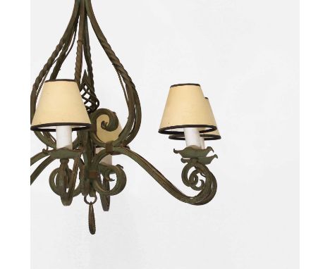 A wrought-iron six-branch chandelier,  20th century, with green patination, scrolled arms and shades, 70cm diameter 63cm high