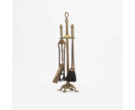 A set of Arts and Crafts brass fire tools, comprising a shovel, pair of tongs, brush and poker, on a stand,76cm high (5)