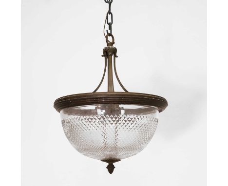 A cut-glass and brass-framed ceiling light,  early 20th century, French, with a leaf-chased and scroll hanging bracket, to a 