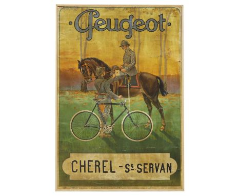 An advertising poster for Peugeot bicycles,  c.1908, Peugeot, 'CHEREL - St SERVAN', depicting an army messenger in uniform in