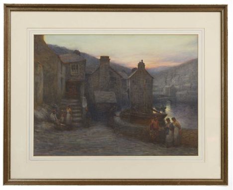 Herbert E Butler (1861-1931) Figures and houses on the quayside, Polperrosigned 'H. E. BUTLER' l.l., watercolour52 x 71cmCond