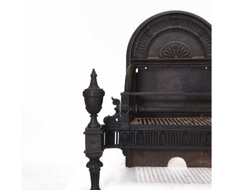 A George III-style cast iron fire basket, 20th century, the arched back over a grate with a pierced apron, on fluted and tape