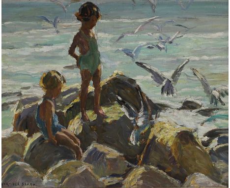 ▲ Dorothea Sharp (1873-1955) 'Children Standing on Rocks Feeding Gulls'signed 'DOROTHEA SHARP' l.l., oil on board37 x 44cmPro