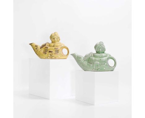 Two Lingard Pottery teapots and covers, 20th century, each modelled as a 'Little Old Lady Who Lived in a Shoe', one in green,