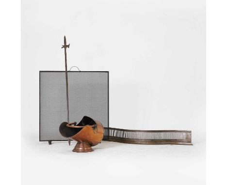 A collection of fire tools, comprising a coal scuttle, a reproduction halberd, a mesh fireguard and a George III-style steel 