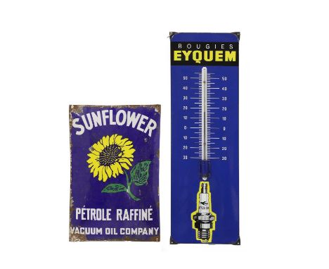 Two enamel advertising signs, a 'Sunflower Pétrole Raffiné Vacuum Oil Company' sign,59 x 39cm, anda 'Bougies Eyquem' enamel a