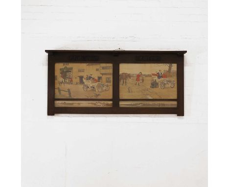 An Edwardian oak overmantel, c.1900, inset with two Cecil Aldin chromolithographs, 'Gone Away' and 'Check', with shelf pedime