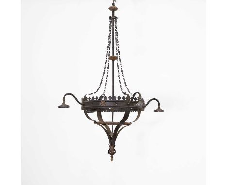 An iron hanging ceiling light, 20th century, the central crown with trefoil gallery, supporting four branches terminating in 