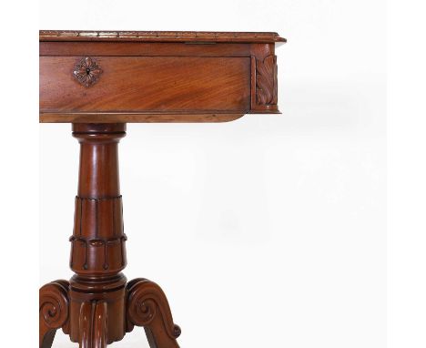 A William IV mahogany pedestal library table, leather lined with an adjustable bookrest, a lappet-moulded border, candle slid