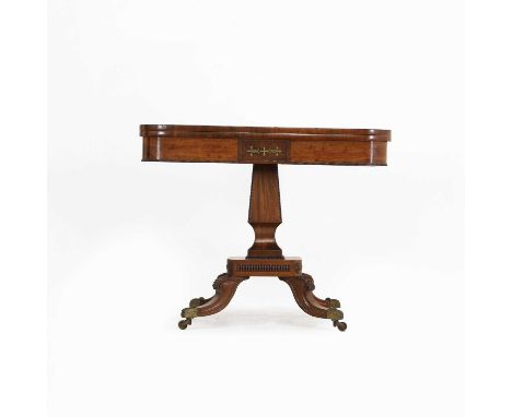 A Regency strung mahogany fold-over card table,  the top with rosewood banding above a frieze with a brass-inlaid tablet, the