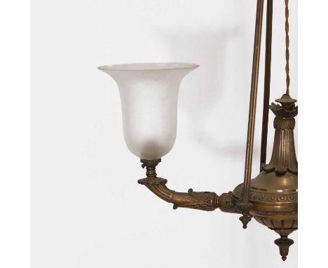 An Empire-style two-branch ceiling light, with a circular central boss, inverted finials and cornucopia-cast decoration, with