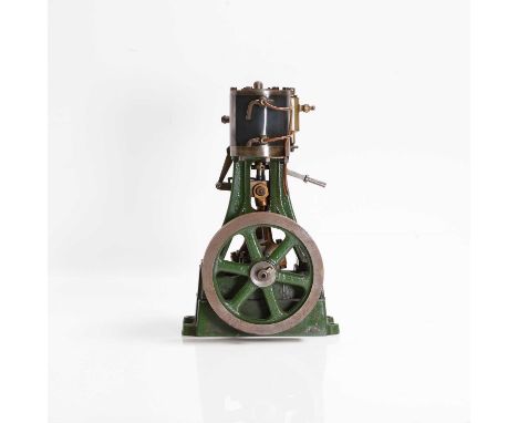 A live steam model of a Stuart Turner vertical cylinder engine, with reverse, the cast iron frame finished in green, 15cm wid