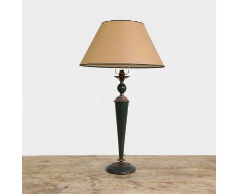 A painted and brass-mounted table lamp, of recent manufacture, with a tapering column on a circular base, with shade,71cm hig