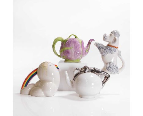 Four novelty teapots and covers, comprising:a Price Brothers' poodle,21cm high,a Lustre Pottery example, 1976, with a silvere