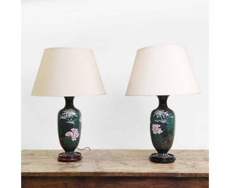 A pair of cloisonné vase lamps, c.1900, each with peony and floral decoration,18cm diameter51cm high not including shades (2)