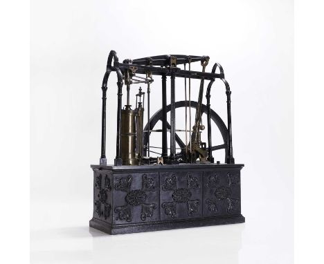 A scale model of a single cylinder beam engine, early 19th century, with brass cylinder, regulator and fittings, on a cast ir