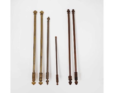 A group of curtain poles,  with brass and mahogany examples, with rings, largest 238cm long (qty.)  Condition Report1 x pair 