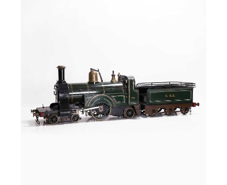 A 5-inch gauge 4-2-2 live steam GNR (Great Northern Railway) locomotive and tender, no. 79, with firebox hatch, pressure gaug