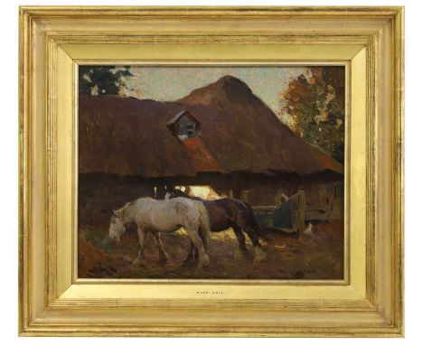 Frederick Hall (1860-1948)  Horses by a thatched barn signed 'Fred Hall' l.r., oil on board 33 x 41cm  Condition ReportFramed