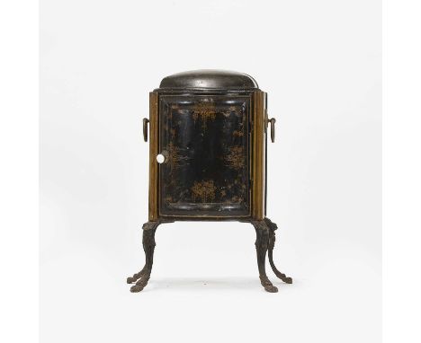 A toleware plate warmer, 19th century, the domed top over a single door decorated in gilt with fruiting vines, enclosing two 