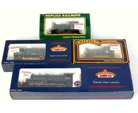 4 locomotives, Mainline BR blue class 03 shunter (G-BG), Replica Railways similar BR green wasp stripes (G-BG), Bachmann clas