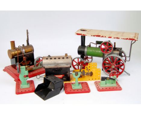 Mamod and Meccano Workshop Steam Group, all parts in used condition, to include TE1A Traction Engine, Mamod Stationary Steam 