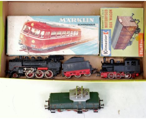 Marklin H0 boxed 3016 railcar (G-BG) 0-6-0 tank engine (G), 2-6-0 engine and tender (F-G), 0-6-0 electric locomotive(F) and a