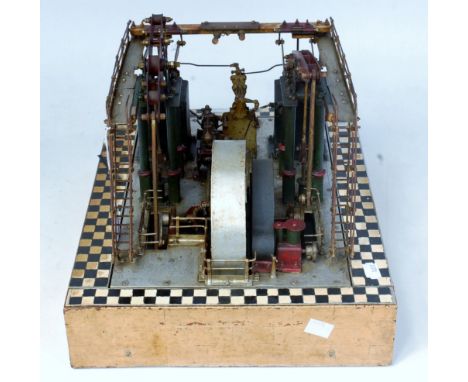 A scratch built twin beam stationary model engine, in the manner of George Saxton & Co, constructed from card, wooden and met