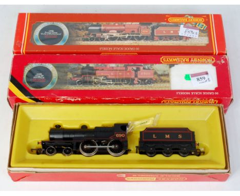 Hornby LMS black 4-4-0 engine and tender, LMS red 'Duke of Sutherland' and LMS red 2-6-4 tank engine (all G-BPF)