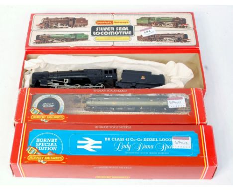A Hornby R550 BR black class 9F engine and tender, box missing inner packing (G-BD) R328 class 47 diesel locomotive BR two to